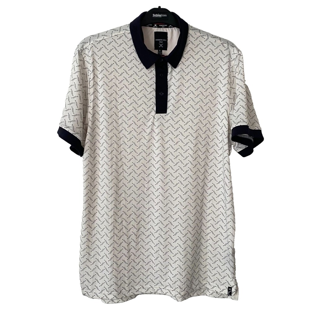 Kenneth Cole Golf Men's Polo Over Print White‎ Wicking Size M Short Sleeve